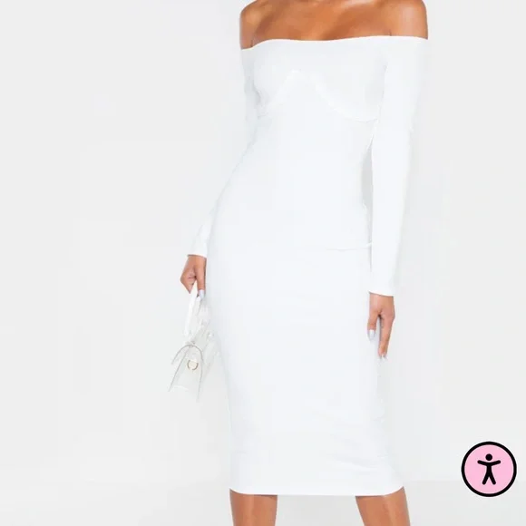 PrettyLittleThing | Dresses | Nwt Plt Ribbed White Off Shoulders Midi Dress  | Poshmark